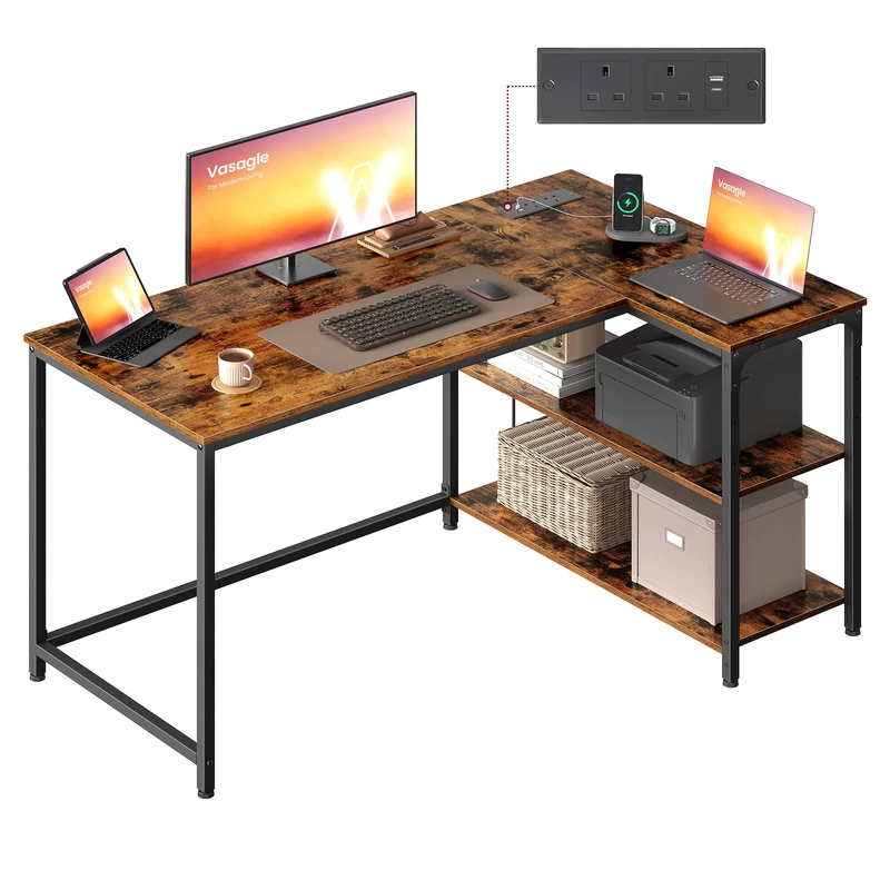 VASAGLE L Shaped Corner Desk, Computer Gaming Desk with Storage, Reversible Height-Adjustable Shelves, for Home Office, with Power Outlets 2 USB Ports, 120 x 80 cm, Rustic Brown LWD132KD02