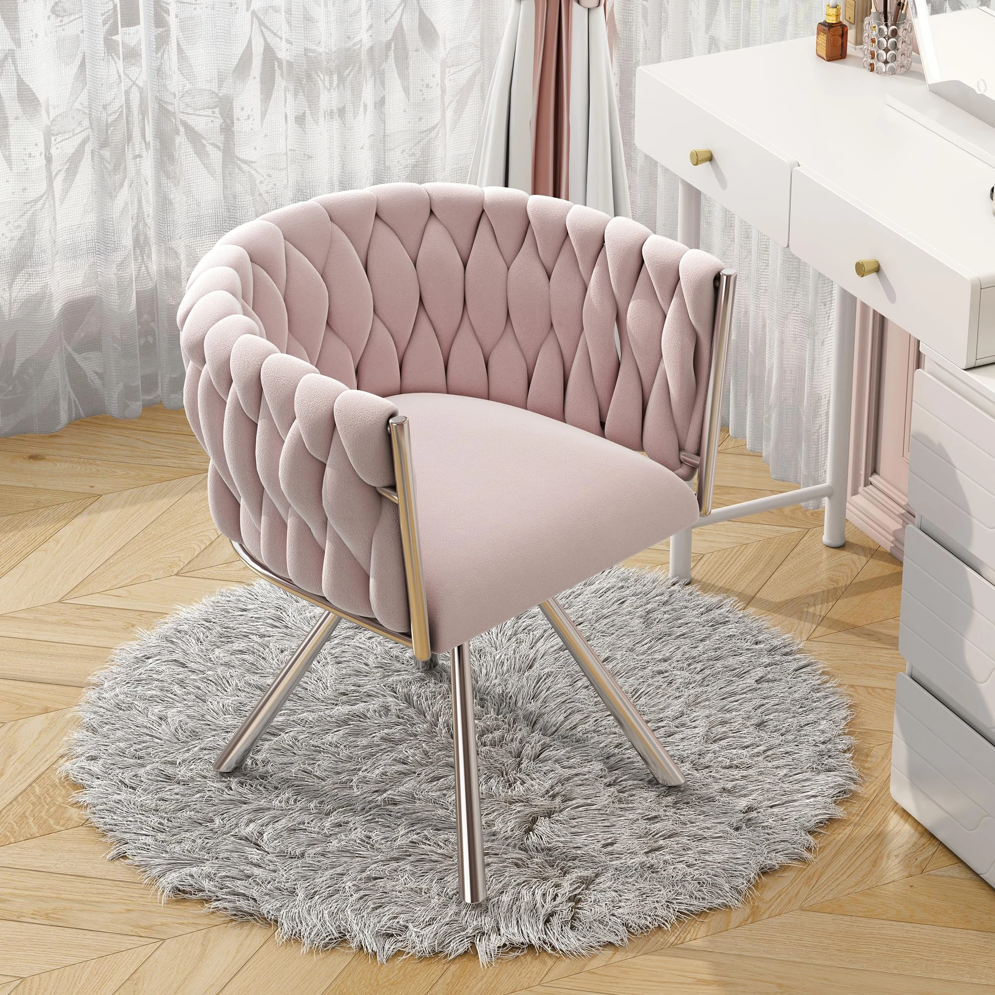 ModernLuxe Velvet Dining Chair Pink – Modern Swivel Accent Chair with 360° Rotation, Leisure Living Room & Bedroom Armchair, Upholstered Single Light Luxury Chair with 4 Metal Legs