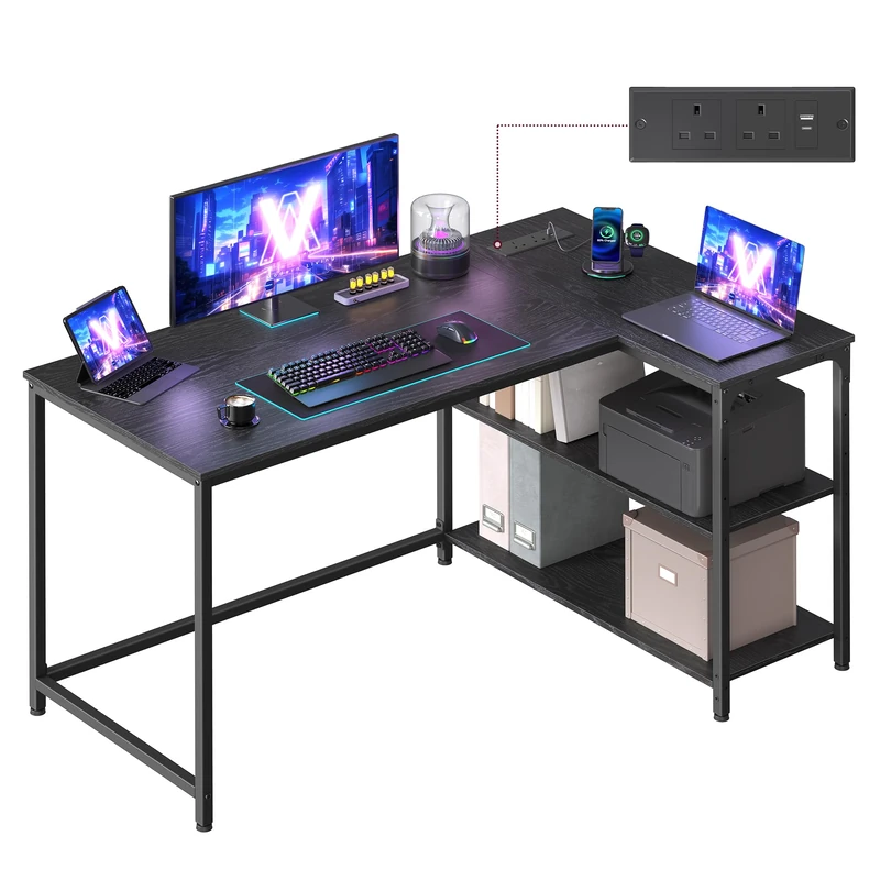 VASAGLE L Shaped Corner Desk, Computer Gaming Desk with Storage, Reversible Height-Adjustable Shelves, for Home Office, with Power Outlets 2 USB Ports, 120 x 80 cm, Ebony Black LWD132BE02