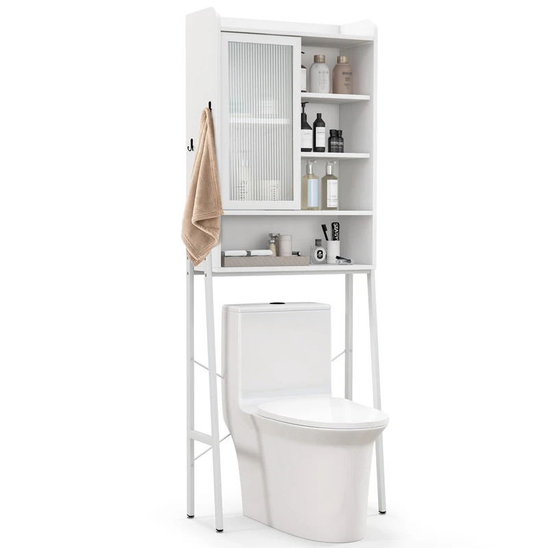 FANTASK Over Toilet Shelf for Bathroom, Toilet Cabinet Freestanding with Adjustable Shelves, Bathroom Cabinet with Acrylic Sliding Door, 63 x 29 x 170 cm (White)