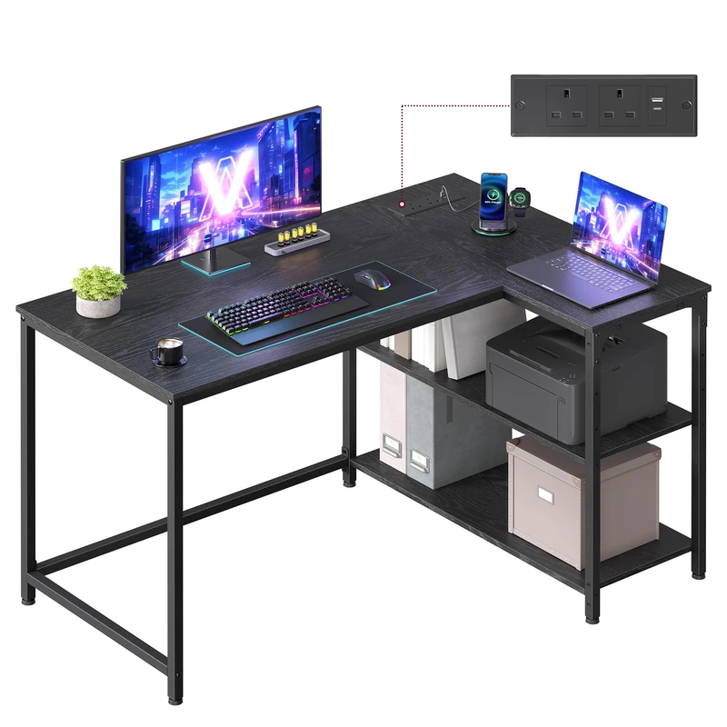 VASAGLE L Shaped Corner Desk, Computer Gaming Desk with Storage, Reversible Height-Adjustable Shelves, for Home Office, with Power Outlets 2 USB Ports, 110 x 80 cm, Ebony Black LWD131BE02