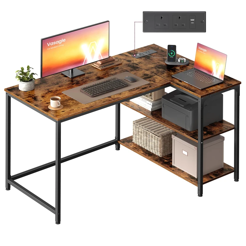 VASAGLE L Shaped Corner Desk, Computer Gaming Desk with Storage, Reversible Height-Adjustable Shelves, for Home Office, with Power Outlets 2 USB Ports, 110 x 80 cm, Rustic Brown LWD131KD02