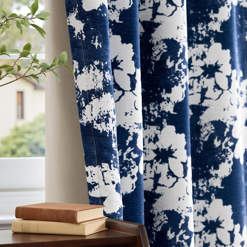 100% Blackout Navy Floral Curtains, Vintage 96 Inch Thick Window Drapes 2 Panels Set for Living Room Thermal Insulated Chenille Treatments Room Darkening Texture Curtain Bedroom Flower Drapes, Blue