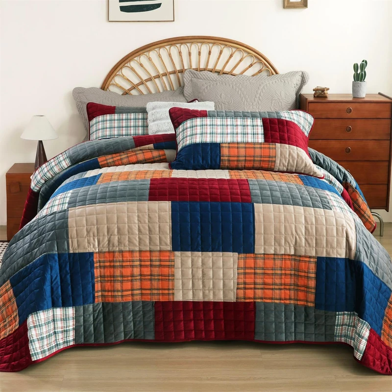 Cmfshape Velvet&Cotton Quilt Set Queen Size-Real Patchwork Bedspread Comforter Burgundy-Soft Lightweight Coverlet&Bedding Set-94"x90"
