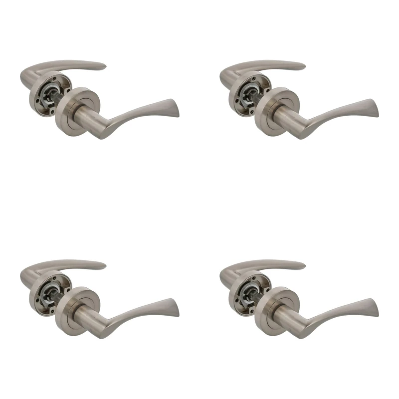 Amig - Set of 4 Sets of 2 Silver Handles with Round Rosette - with zamak Handle with - Matt Chrome Finish - for Interior Doors - Rosette Diameter Ø52 mm - Screws Included