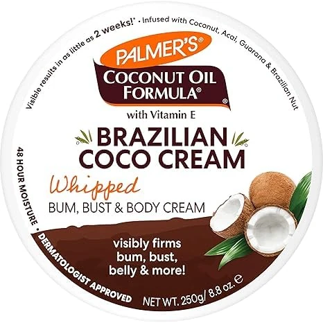Pelmer Brazilian Coco Cream, Whipped Bum, Bust & Body Cream with Coconut Oil and Vitamin E, 250g
