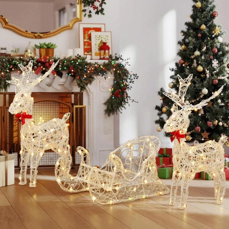 YITAHOME 2-Deer & Sleigh Christmas Reindeer Set with 150 RGB LEDs & RF Remote, Pre-Lit Light Up Deer Decoration Set with Detachable Antlers and Neck for Indoor & Outdoor Holiday Display
