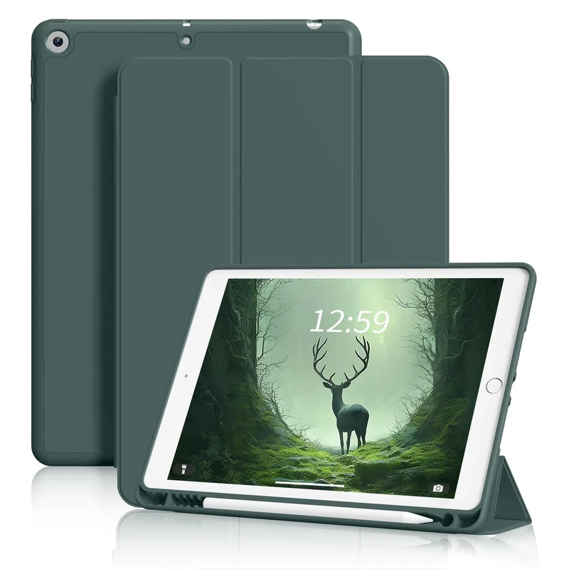ZKTUYU for iPad 9th Generation Case 2021 / iPad 8th Gen 2020 / iPad 7th Gen 2019 with Pencil Holder, Smart Stand Case with Soft TPU Back Cover for iPad 10.2 inch, Auto Sleep/Wake, Dark Green