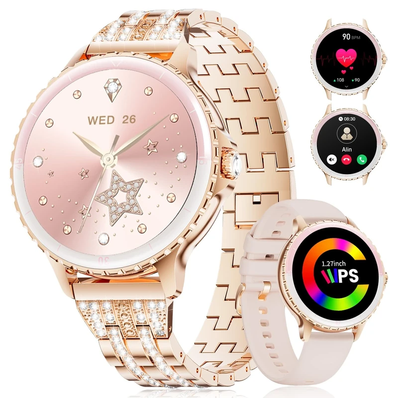 HIRREO Smart Watches for Women Android/iOS, 1.27" 3D Curved Screen Fitness Tracker with Bluetooth Calls(Answer&Make),Heart Rate/SpO2,Clories Tracker 100+ Sports Modes (FV26-E)