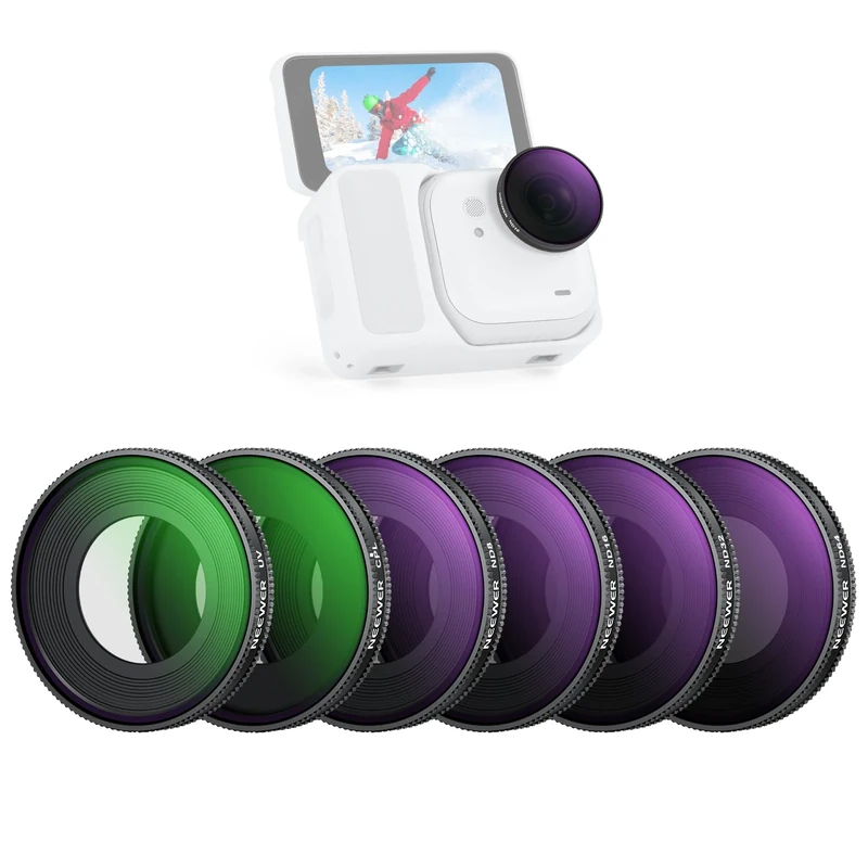 NEEWER ND Filter Set Compatible with Insta360 GO Ultra (UV/CPL/ND8/ND16/ND32/ND64), Screw On Circular Polarizer Neutral Density Lens Filter, HD Optical Glass Action Camera Accessories, FL-C53