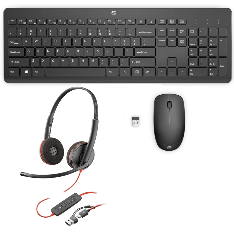 HP Work From Home Bundle - HP 230 Wireless Mouse & Keyboard Combo Black & Poly Blackwire 3220 Wired Headset - Noise Cancelling Mic - Works w/Teams, Zoom