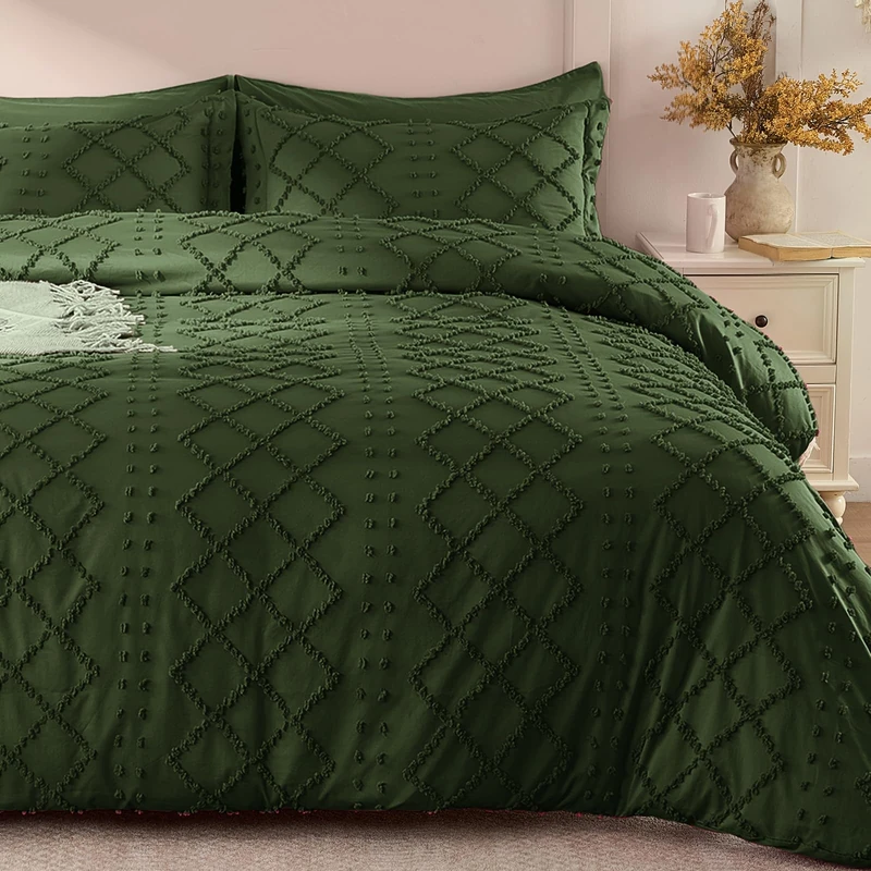 VACVELT 5PCS Olive Green Boho Tufted Duvet Cover Full Size, Zipper & Ties