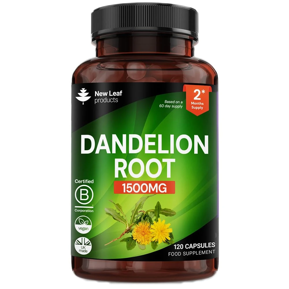 Dandelion Root Capsules - 120 High Strength Vegan Dandelion Root Extract Capsules - Water Retention Tablets, 1500mg Per Serving - 2 Months Supply Made in The UK by New Leaf