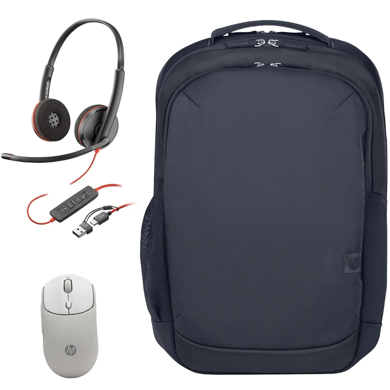HP Student Bundle 400 Quiet Maple Wireless Mouse, 16" Odyssey Gray Backpack & Poly Blackwire 3220 Headset w/Noise-Canceling Mic for Teams, Zoom