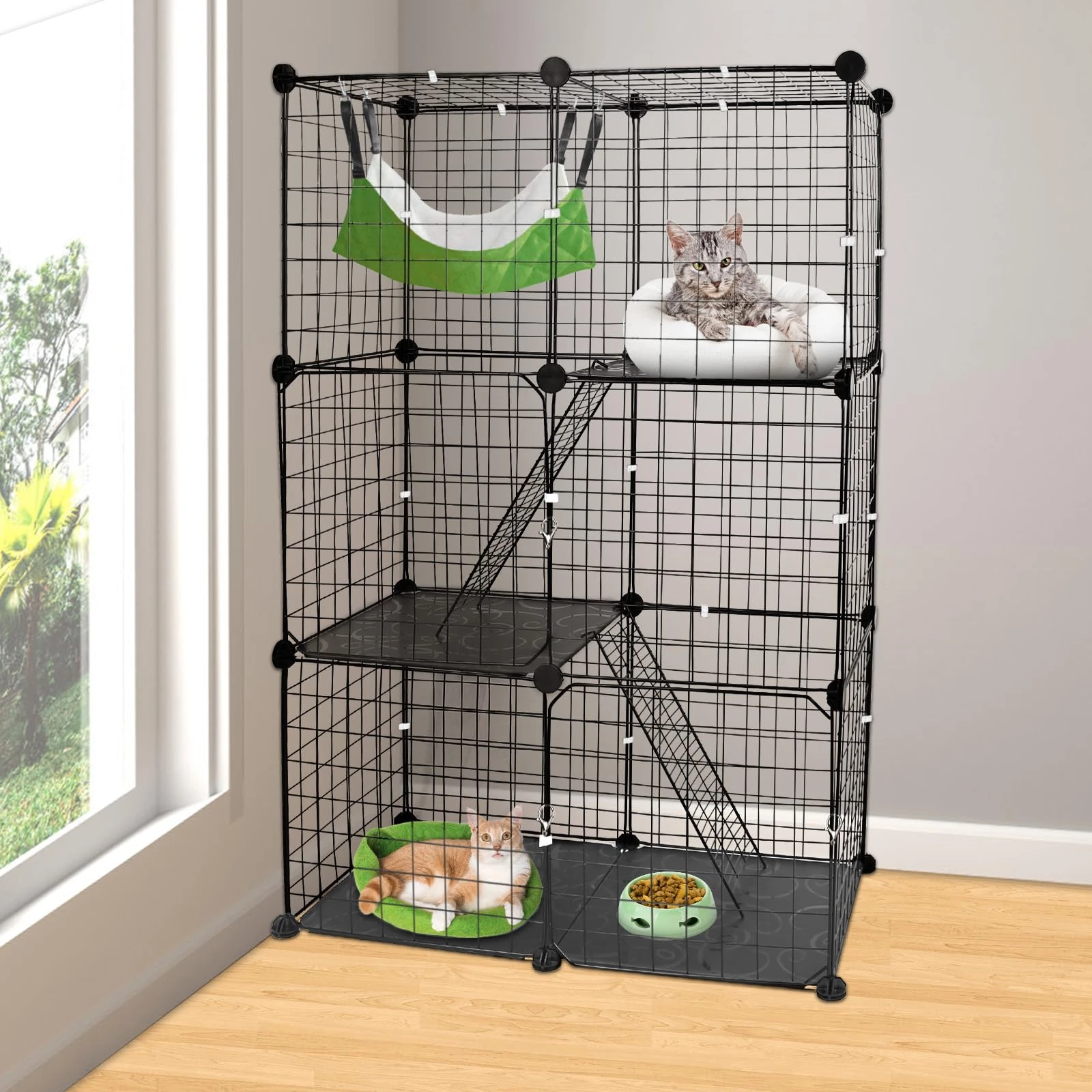 3 Tier Cat Cage, Indoor Cat Enclosures, DIY Cat Playpen Detachable Metal Wire Kennels Kitten Crate Cats House with 3 Doors 2 Ladders Large Exercise Place for 1-3 Cats/Kitten, 28"x14"x42"