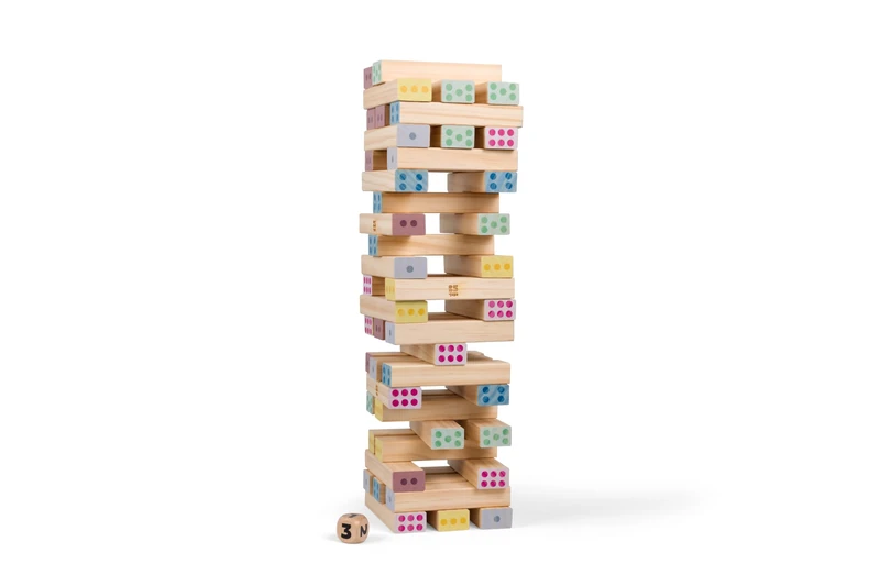 BS Toys – Giant Tower of Wooden Numbers – Educational Balance Game with 48 Blocks and Dice – Develops Coordination and Concentration