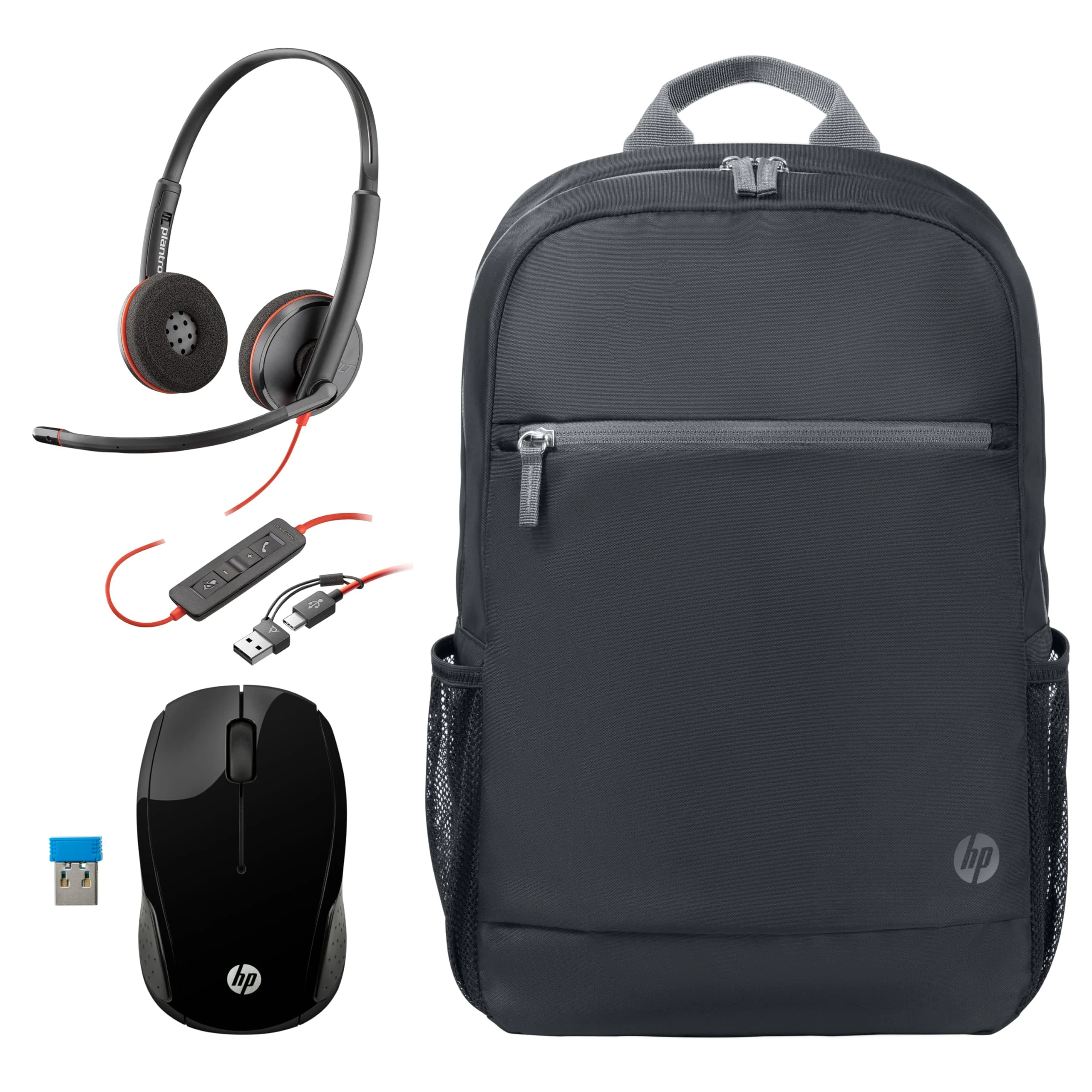 HP Laptop Accessories Starter Kit 200 Wireless Mouse, 15.6" Backpack & Poly Blackwire 3220 Headset w/Noise-Canceling Mic for Teams, Zoo