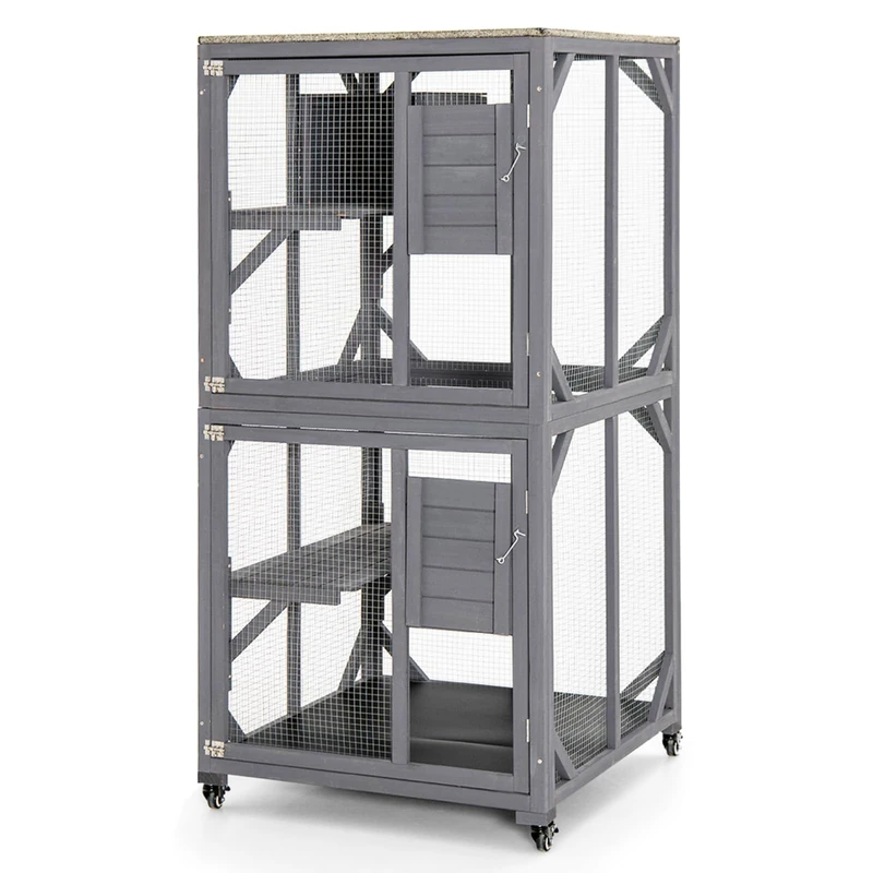 GYMAX Large Cat House, Wooden Cat Enclosure on Wheels with Weatherproof Asphalt Roof, Doors, Platforms and Resting Box, Indoor Outdoor Kitty Catio Pet Shelter (80 x 76 x 163cm)