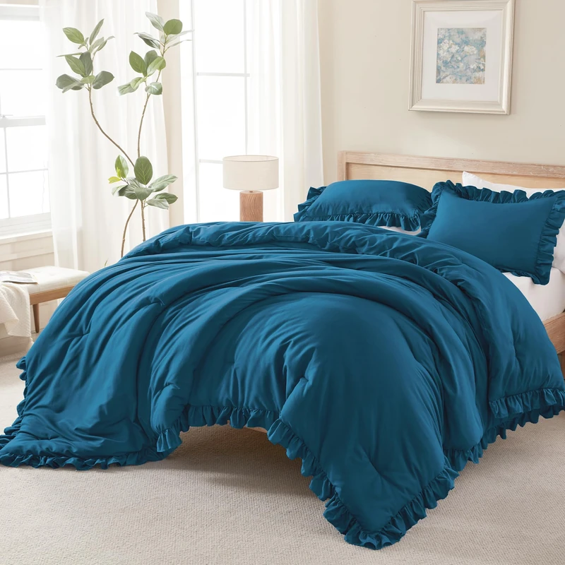 Andency Teal King Size Comforter Set, 3 Pieces Solid Farmhouse Bedding
