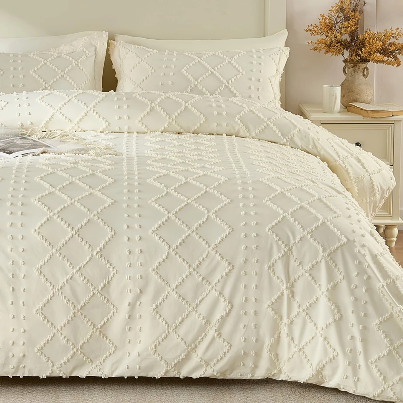 VACVELT 5PCS Cream Boho Tufted Duvet Cover Queen Size, Zipper & Ties