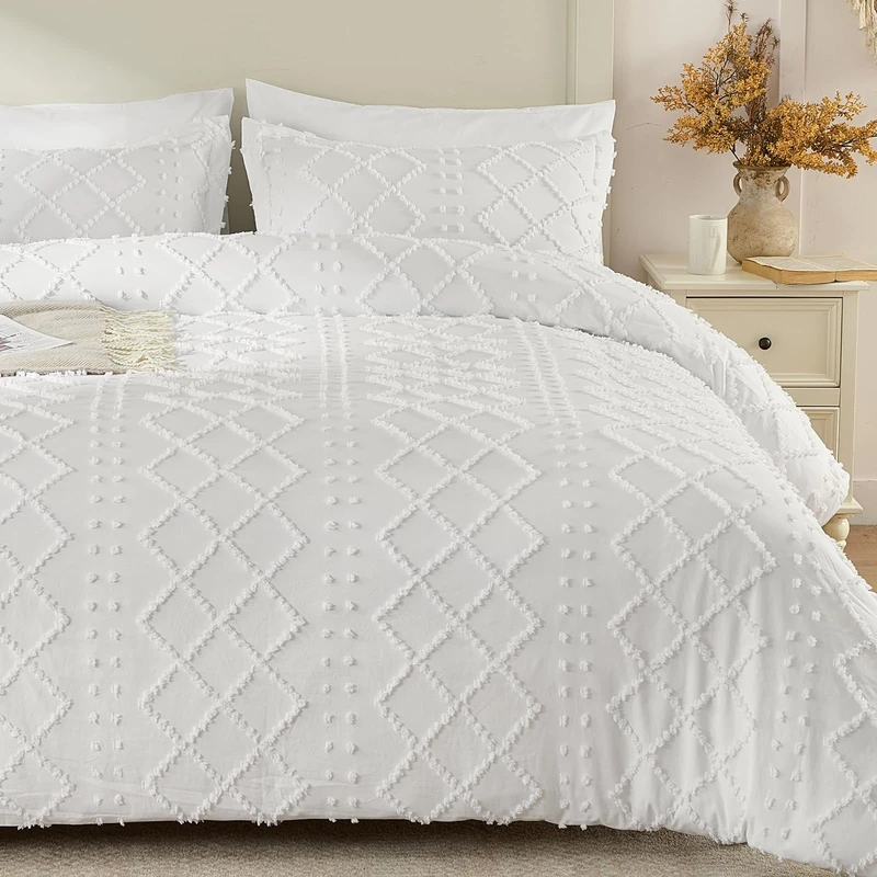 VACVELT 5PCS White Boho Tufted Duvet Cover King Size, Zipper & Ties