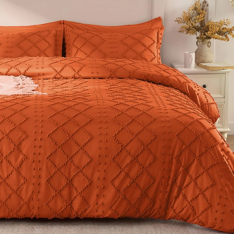 VACVELT 5PCS Burnt Orange Boho Tufted Duvet Cover Queen Size, Zipper & Ties