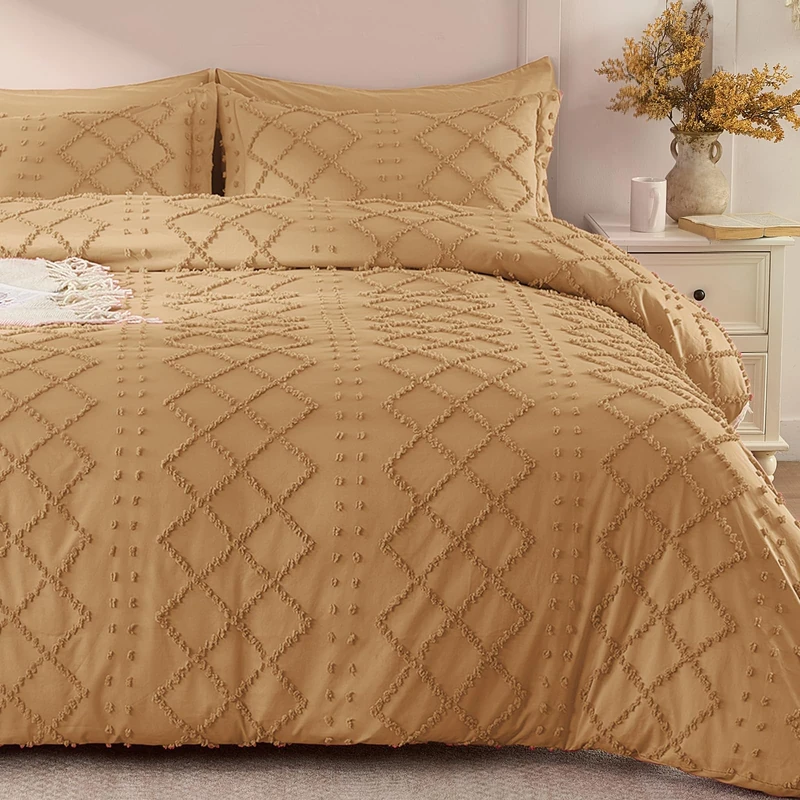 VACVELT 5PCS Taupe Boho Tufted Duvet Cover Full Size, Zipper & Ties