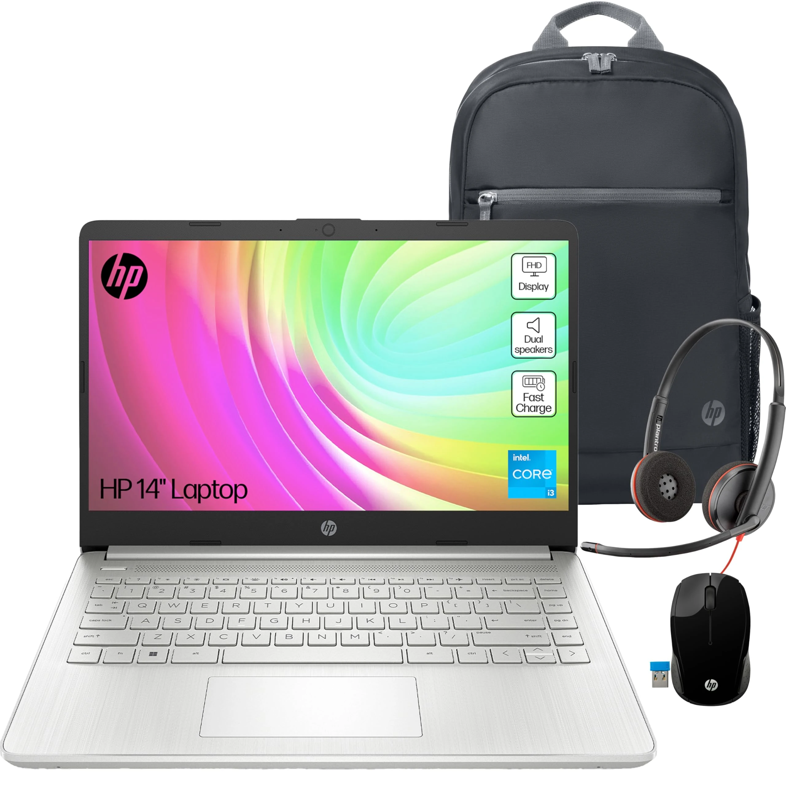 HP Laptop Full Solution Bundle 14" Laptop Intel i3-1215U, 8GB RAM, 256GB SSD 200 Wireless Mouse, 15.6" Backpack & Poly Blackwire 3220 Headset