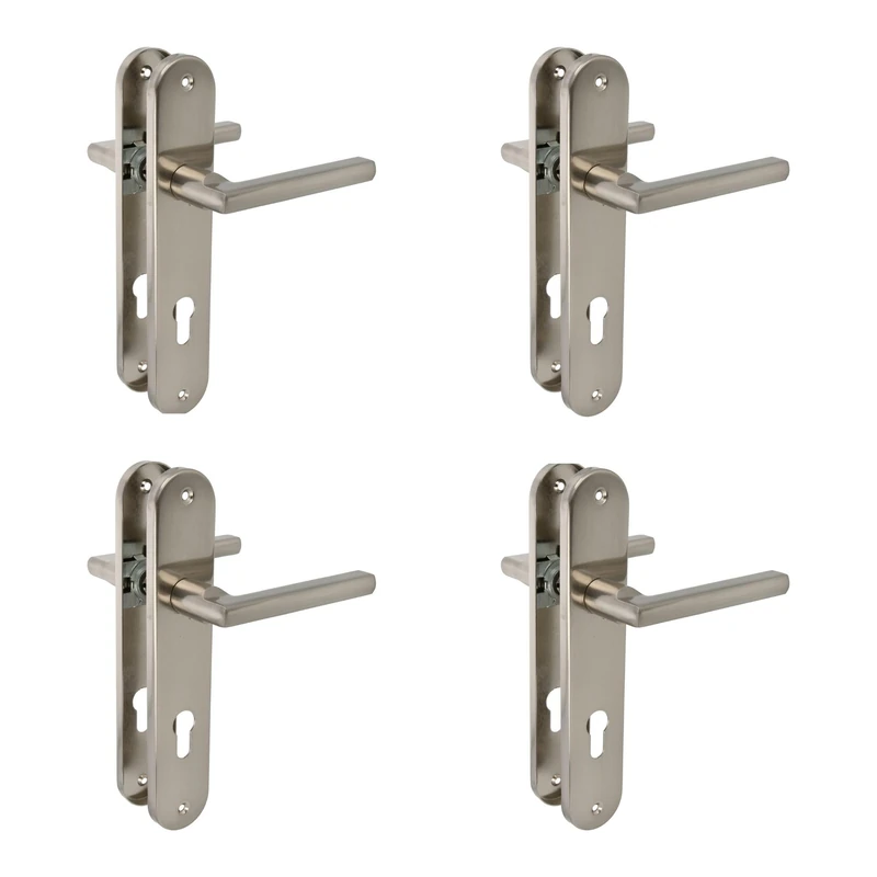 Amig – Pack of 4 Steel Backplate Door Handle Sets – Model MAI PB85 – 240 x 45 mm – 8 mm Spindle – Elegant and Simple Design – with Keyhole – Brushed Nickel Aluminum