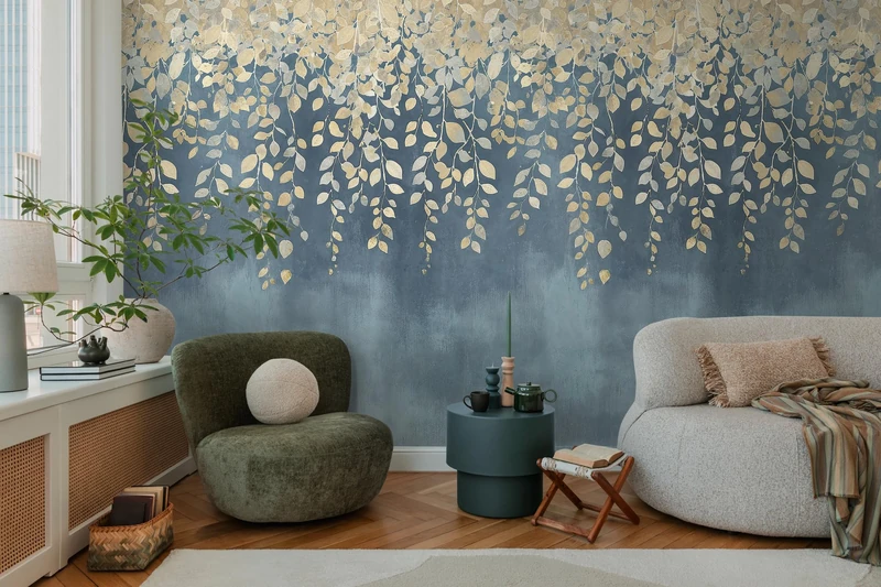 Livingwalls CosmoLiving Non-Woven Wallpaper with Leaf Design in Blue, Cream, Yellow - 8,80 x 0,53 m Floral Wallpaper by Cosmopolitan - 791442