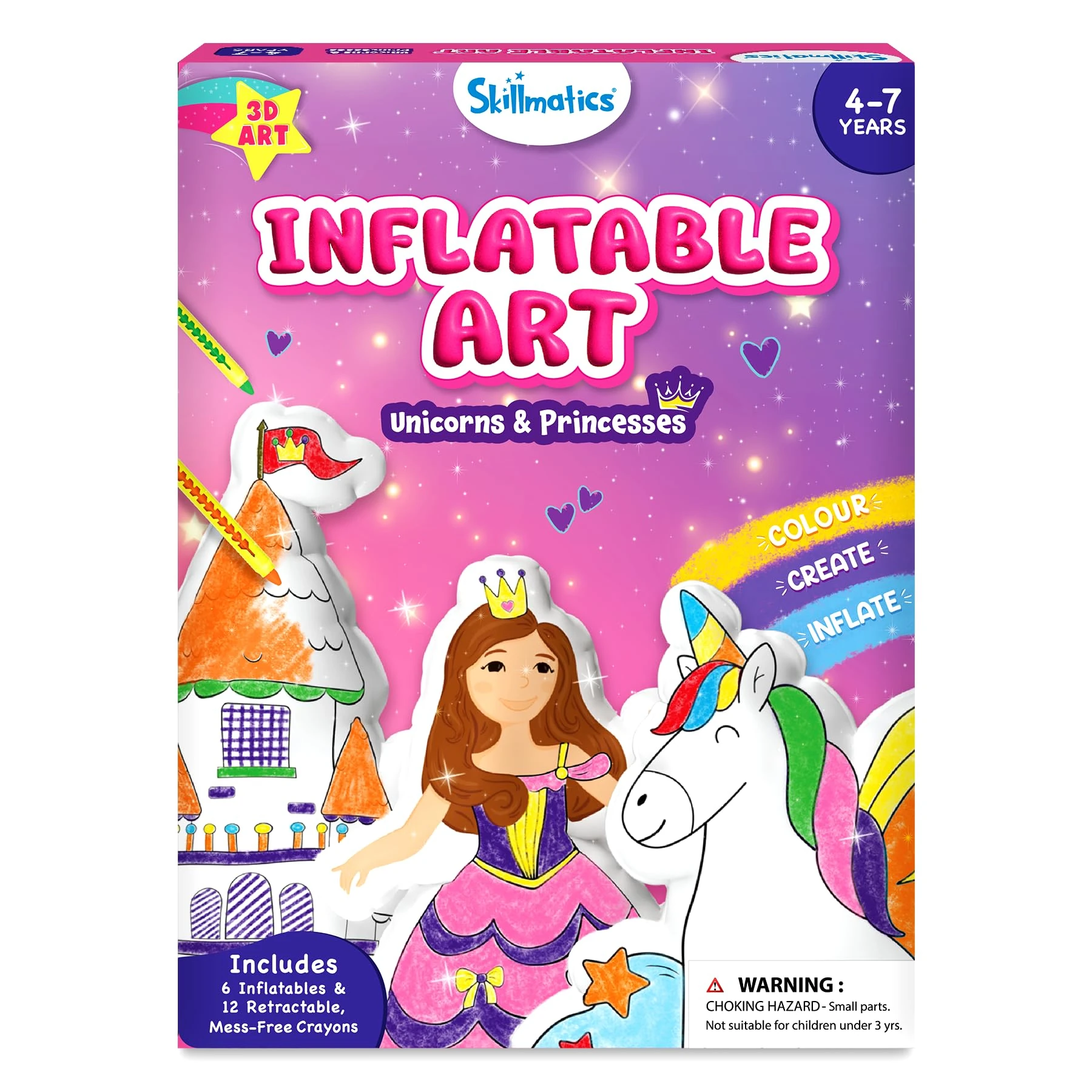 Skillmatics Inflatable Art Unicorns & Princesses – 3D DIY Craft Kit for Kids, Mess-Free Colouring Set with Crayons & Straws, Gift for Girls & Boys Ages 4, 5, 6, 7