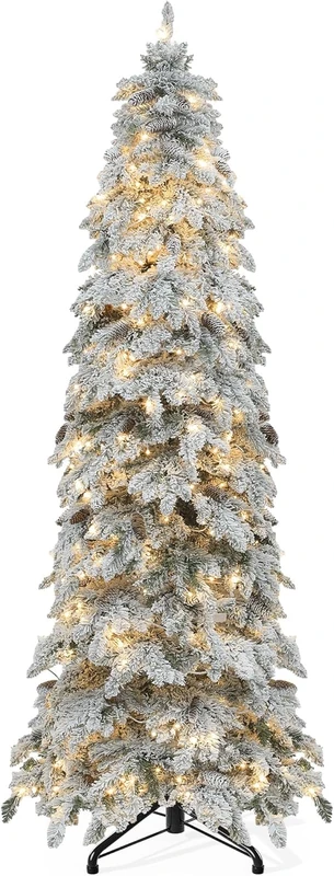 YITAHOME 229 cm Artificial Christmas Tree with Snow, 800 Tips, 11 Light Modes and 350 LED Lights, Metal Stand and Integrated Lighting