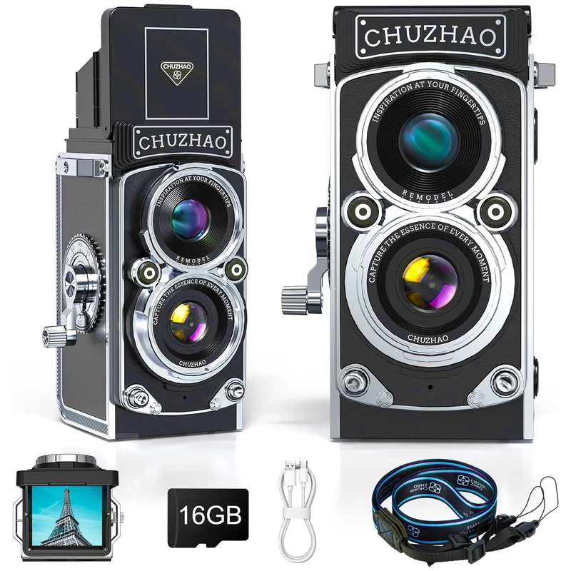 CHUZHAO Retro Digital Camera Mini, Portable TLR Style Vintage Camera, Classic Compact Small Pocket Cameras, 1080P FHD Video 12MP Autofocus Film Cameras with 16 GB Card for Photography Lovers