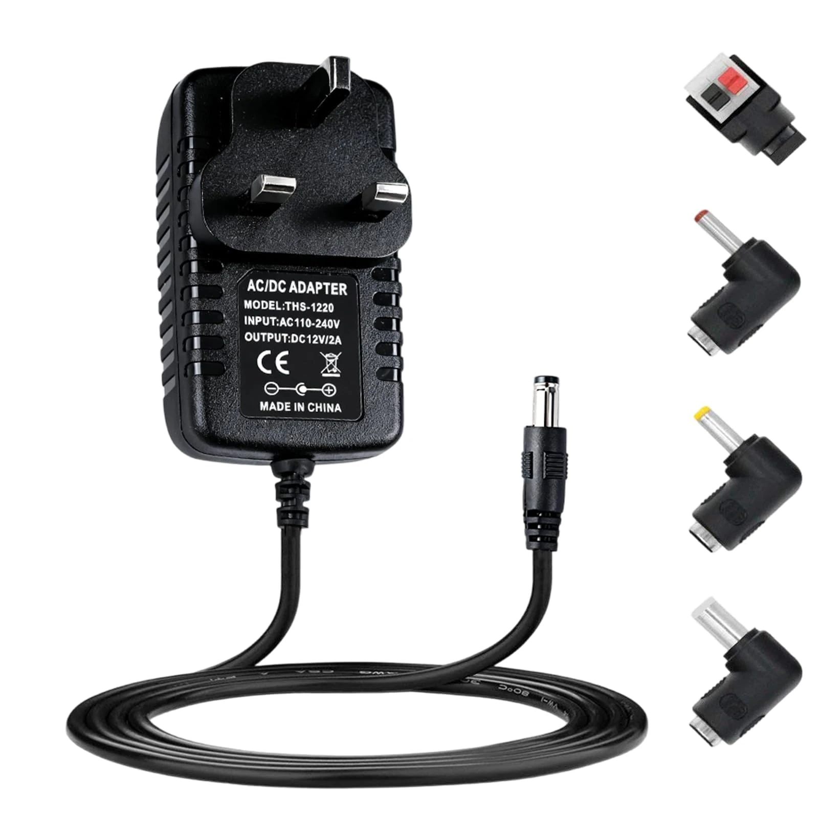12V 2A Power Supply Adapter 5.5mm x 2.1mm 100-240V AC to DC Universal Charging Adapter 24W 50-60Hz Charging Cable with 4 Selectable Adaptor Tips for LED Strip Lights Monitor Router CCTV Camera, 1M