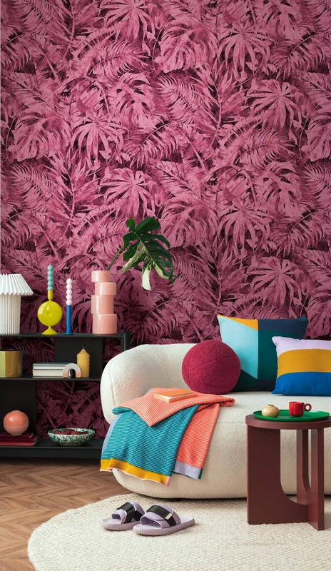 Livingwalls Wallpaper with Palm Leaves Design in Pink, Black, Pink - Floral Non-Woven Wallpaper 8.80 m x 0.53 m Natural Motif by COSMOPLITAN - 791458