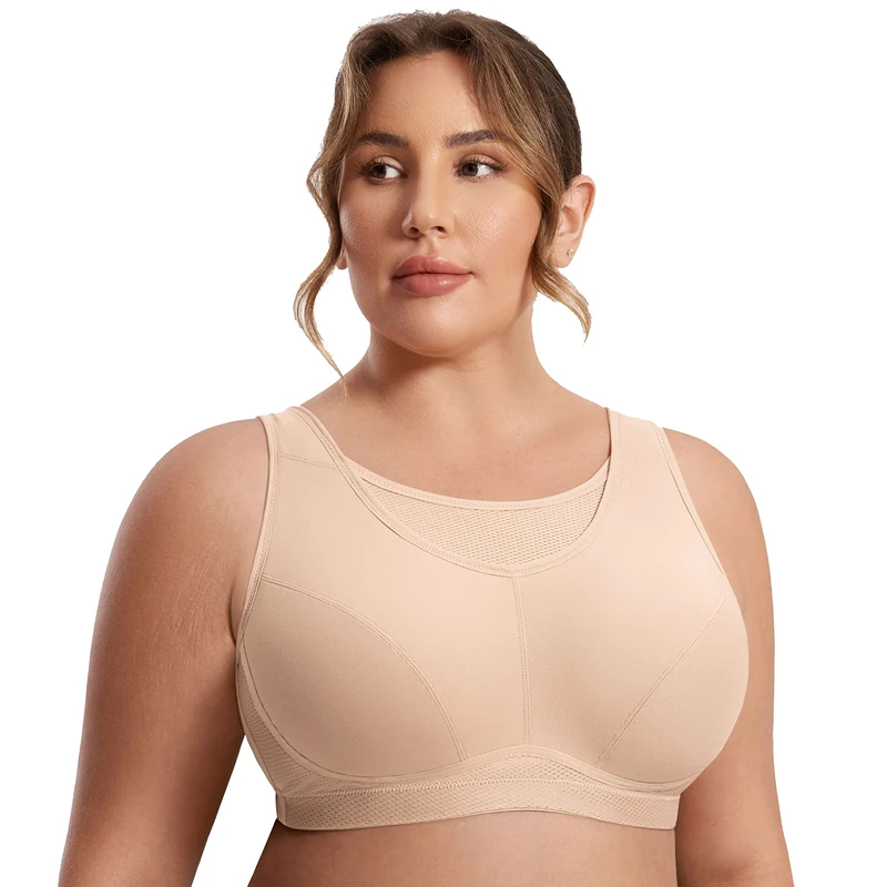 Women's High Impact Sports Bra Plus Size Wirefree Non-Padded Full Figure Bra, Beige, 38F