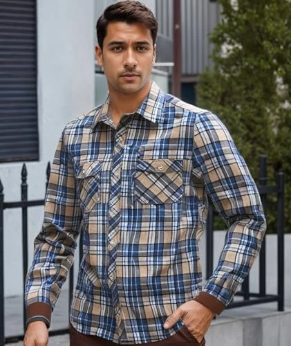 Men's Flannel Shirt Long Sleeve Button Down Plaid Shirts with Chest Pocket, Blue Beige, X-Large