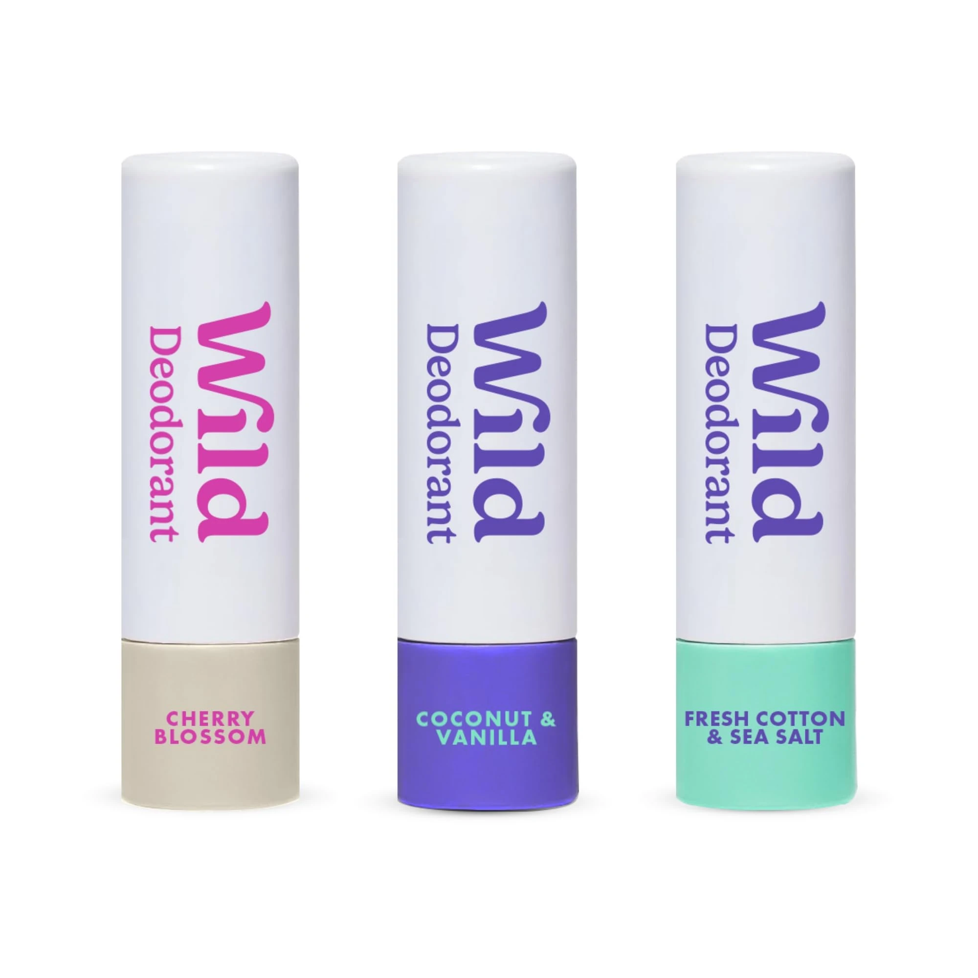 Wild Pack of 3 Mini Deodorants in Fresh Cotton & Sea Salt, Coconut & Vanilla and Cherry Blossom - Trial Size Great for Holiday & Travel - Aluminium & Plastic Free - Long Lasting Protection