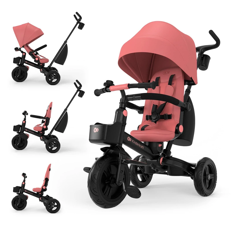 Kinderkraft AVEO 2 PRO Tricycle 6 in 1, CLICK&TWIST Rotating Seat, Reclining Both Directions, Foldable Compact Frame, UPF50+ Canopy, Freewheel, 9 Months to 5 Years, Pink