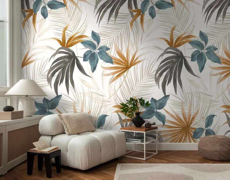 Livingwalls CosmoLiving Non-Woven Wallpaper with Leaf Design in Beige, Blue, Brown - 8,80 x 0,53 m Floral Wallpaper by Cosmopolitan - 791451