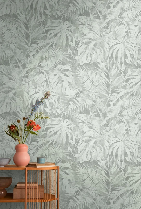 Livingwalls CosmoLiving Non-Woven Wallpaper with Leaf Design in Grey, Green - 8,80 x 0,53 m Floral Wallpaper by Cosmopolitan - 791456