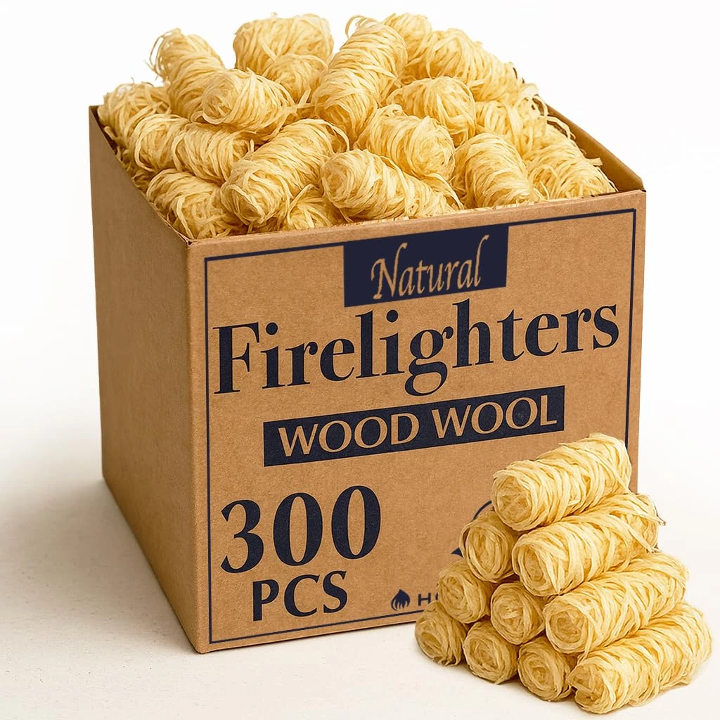 Natural Firelighters Large Box. Natural Wood Wool Wax Fire Lighters for Stoves, Wood Burners, Pizza Ovens, Open Fires, Fire Pit, BBQ Lighters, Fire Starters for Log Burners (300 Pack)