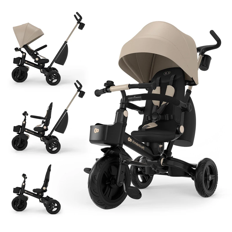Kinderkraft AVEO 2 PRO Tricycle 6 in 1, CLICK&TWIST Rotating Seat, Reclining Both Directions, Foldable Compact Frame, UPF50+ Canopy, Freewheel, 9 Months to 5 Years, Beige