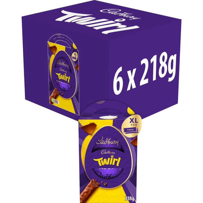 Cadbury Twirl Chocolate Easter Egg, Includes 1 Extra Large Chocolate Shell and 2 Twirl Bars, Gift for Easter, 218 g (Pack of 6)