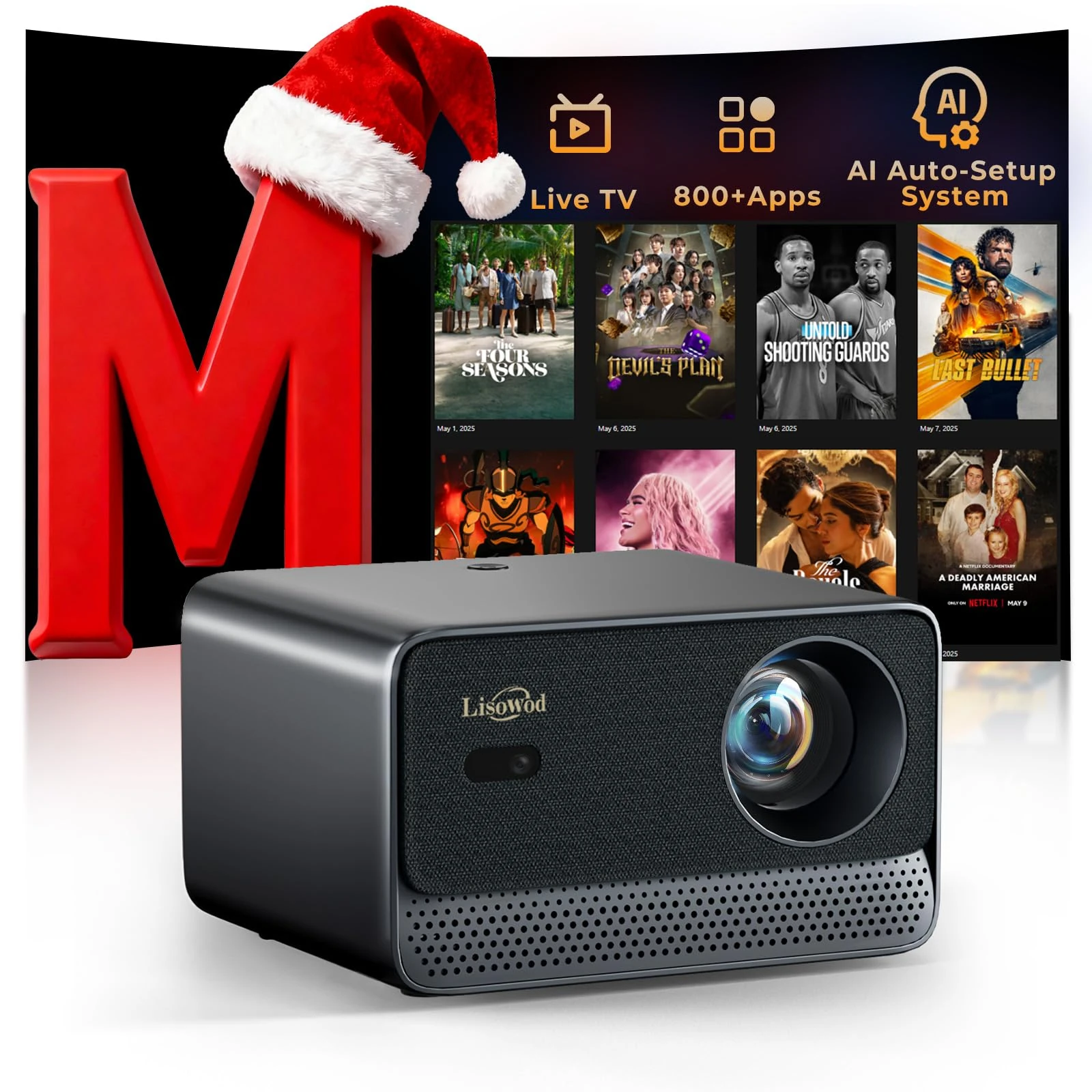 Projector with WiFi and Bluetooth: [1400 ANSI /Ai Auto Focus/800+ Real Apps/Auto 4P Keystone /for Netflix] Outdoor Projector, 1080P Smart-Portable-Mini-Movie-Projector, Lisowod L03Pro