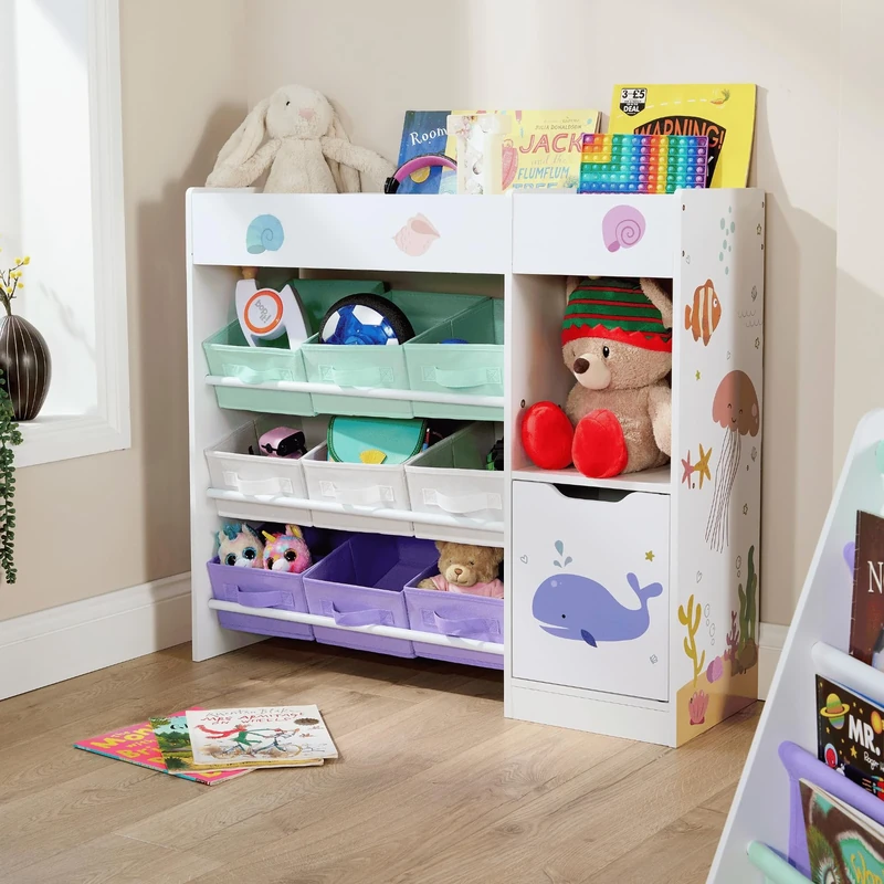Home Source Children’s Storage Unit with Shelves, Cupboard & 9 Fabric Drawers – Kids’ Bedroom Furniture with Sealife Animal Design – Toy Organiser & Book Storage