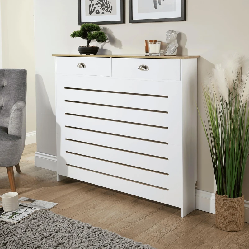 Home Source Batley Radiator Cover with Storage Drawer – White Radiator Cabinet with Sonoma Oak Top – Slatted Front Design - Image 1