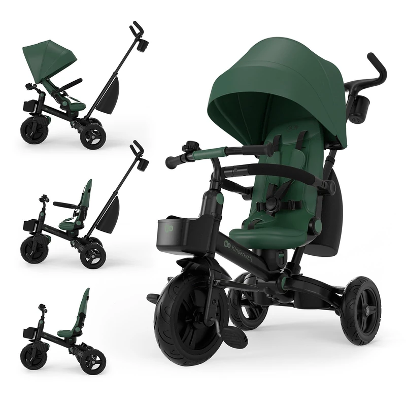 Kinderkraft AVEO 2 PRO Tricycle 6 in 1, CLICK&TWIST Rotating Seat, Reclining Both Directions, Foldable Compact Frame, UPF50+ Canopy, Freewheel, 9 Months to 5 Years, Green