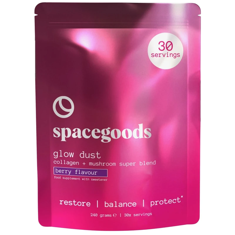 Spacegoods Glow Dust 240g | 30 Servings | Bovine Collagen Powder with B-Vitamin Complex | Magnesium, Calcium & Antioxidants | Gut-Health, Mood & Immunity Strength | Skin, Hair & Nails | Red Berry
