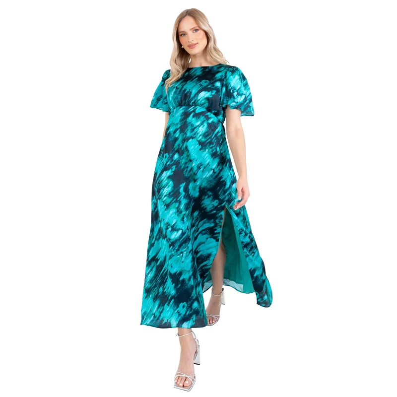 Lovedrobe Women's Midaxi Dress Ladies Round Neck Angel Sleeves Abstract Marble Print Empire A-line Leg Split Tie Back Bow Evening, Blue-Green 28